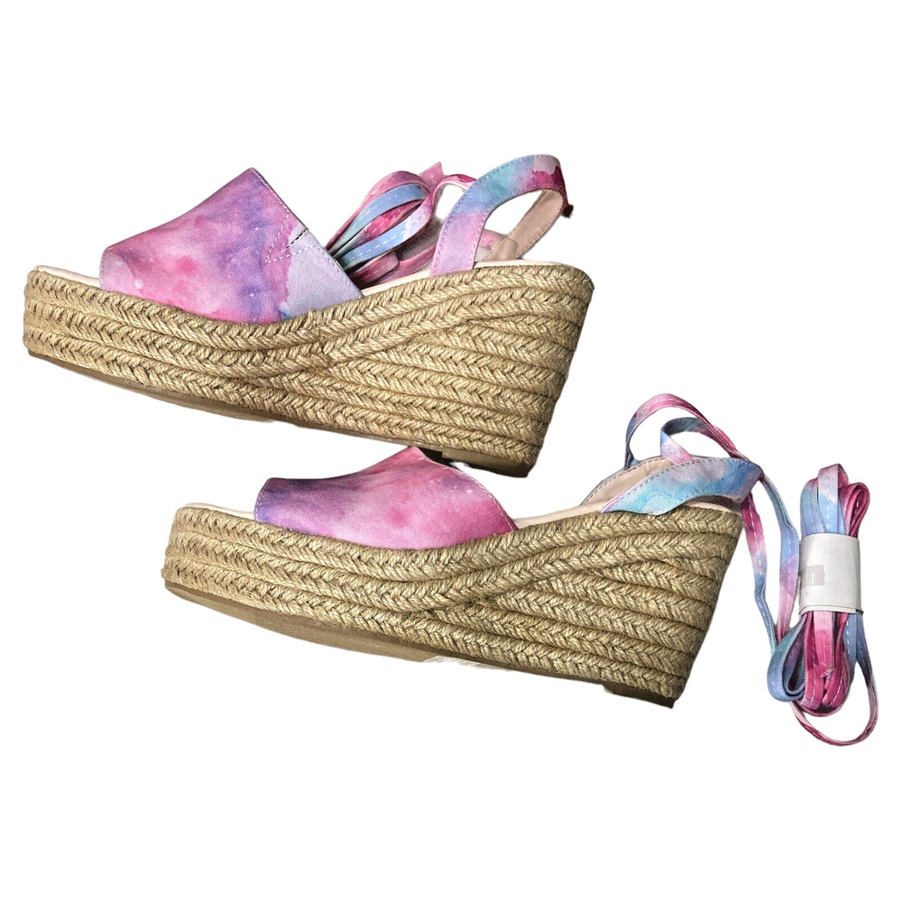 NY & CO Whitley Wedge Watercolor Tie Dye Wrap Around Ankle Strap Sandals  8.5
